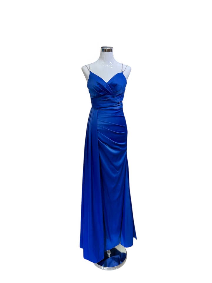 Royal blue pleated long dress with jeweled straps for wholesale by Les Voiliers
