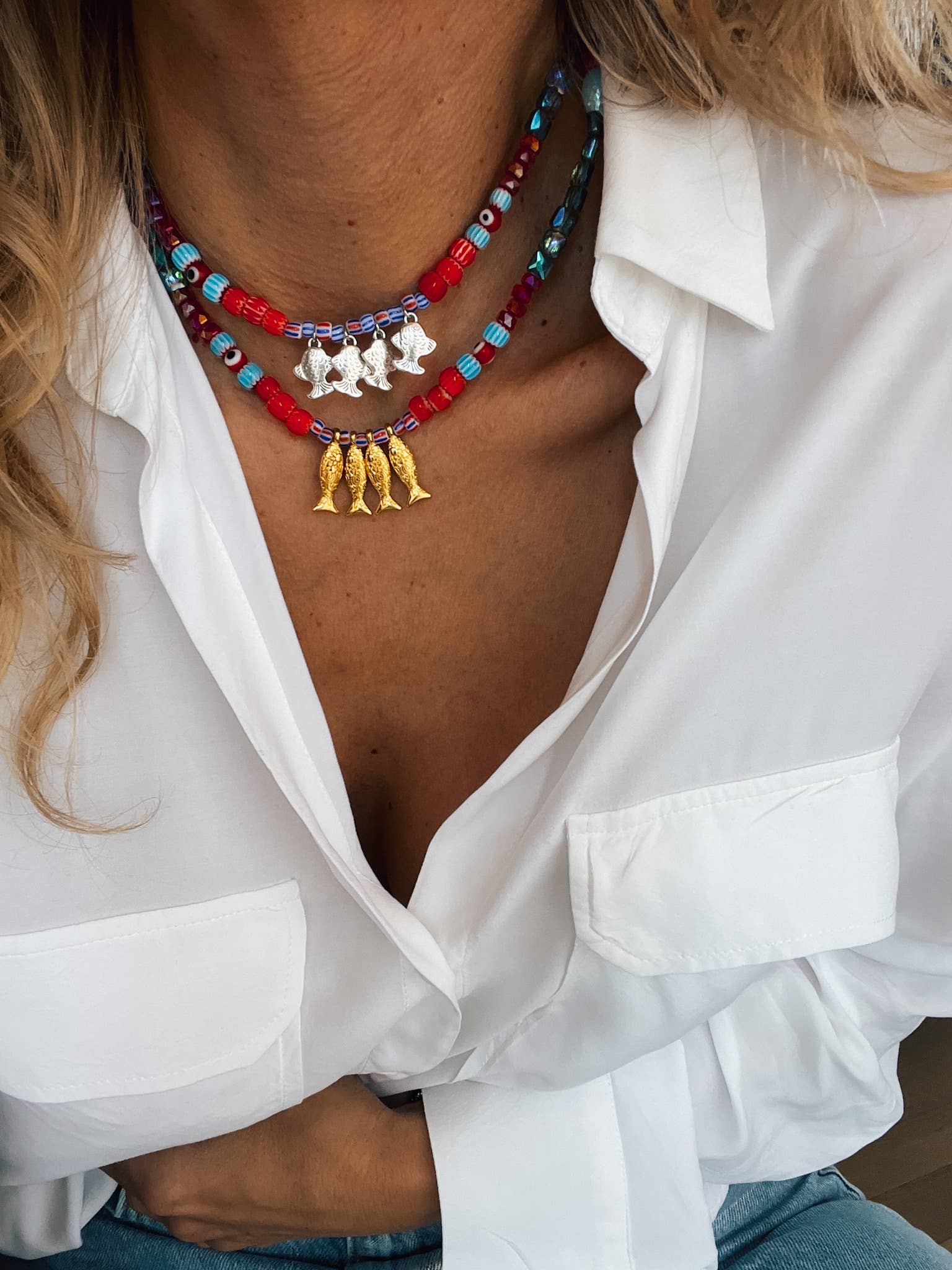 Goupi - Wholesale Beaded/Pearl Necklace - Fish beaded necklace in Greek islands colors1