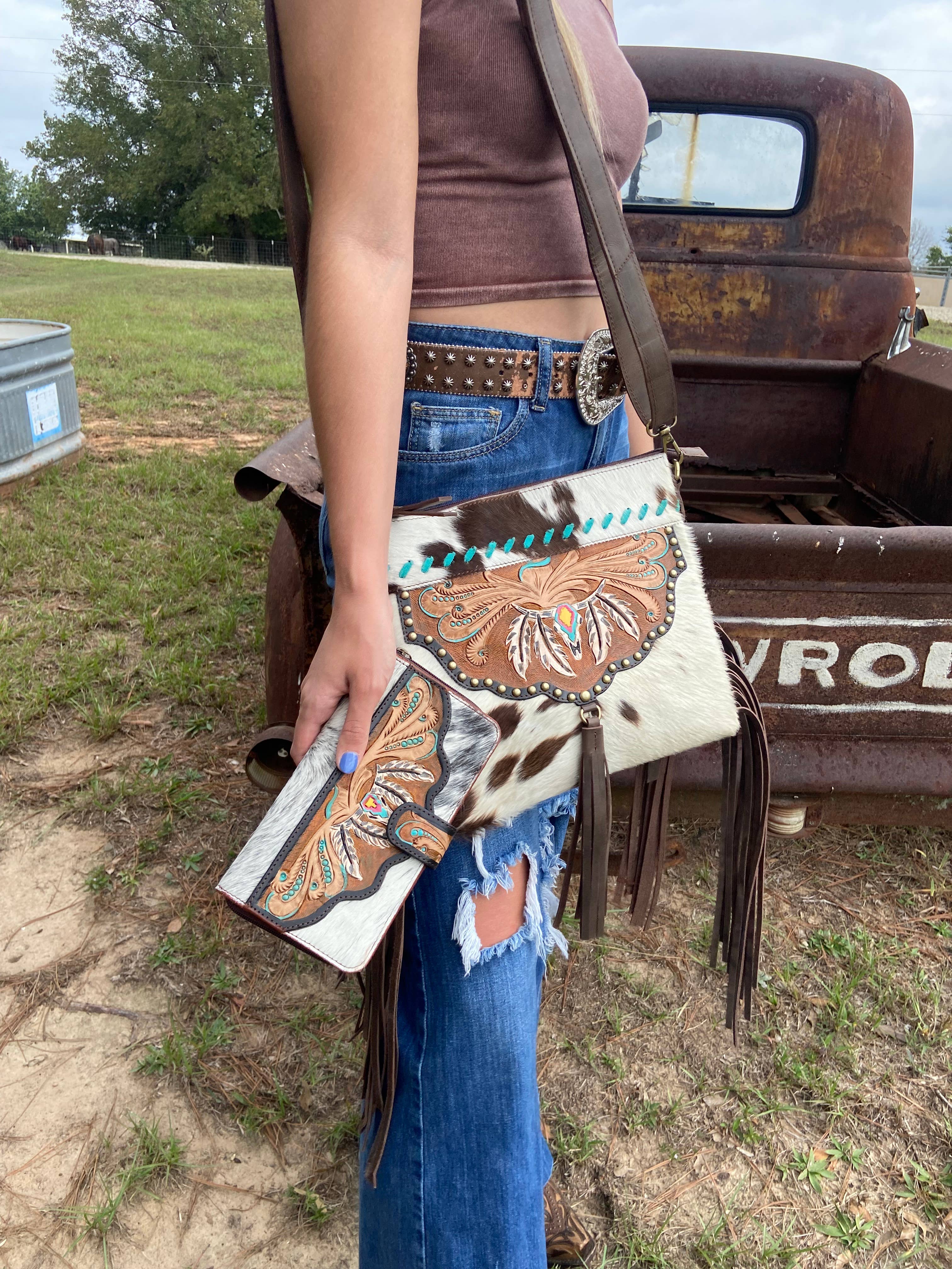 Texas Western Cowhide Bags and More - Vente Sac à bandoulière – femme - Sac à main à franges en cuir de vachette peint à la main2