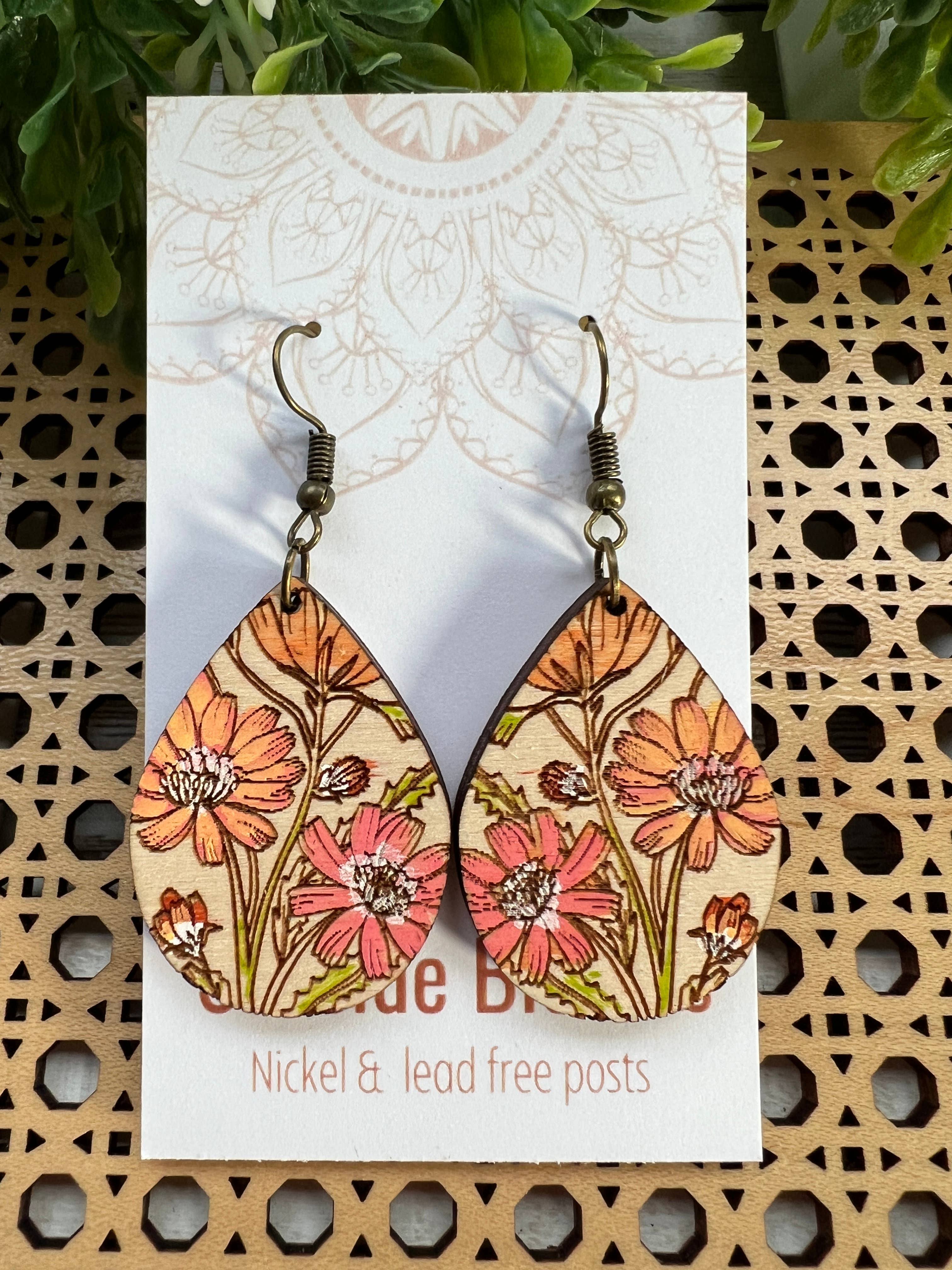 Seasideblooms - Wholesale Dangle Earrings - Boho daisy hand painted lightweight wood earrings 3