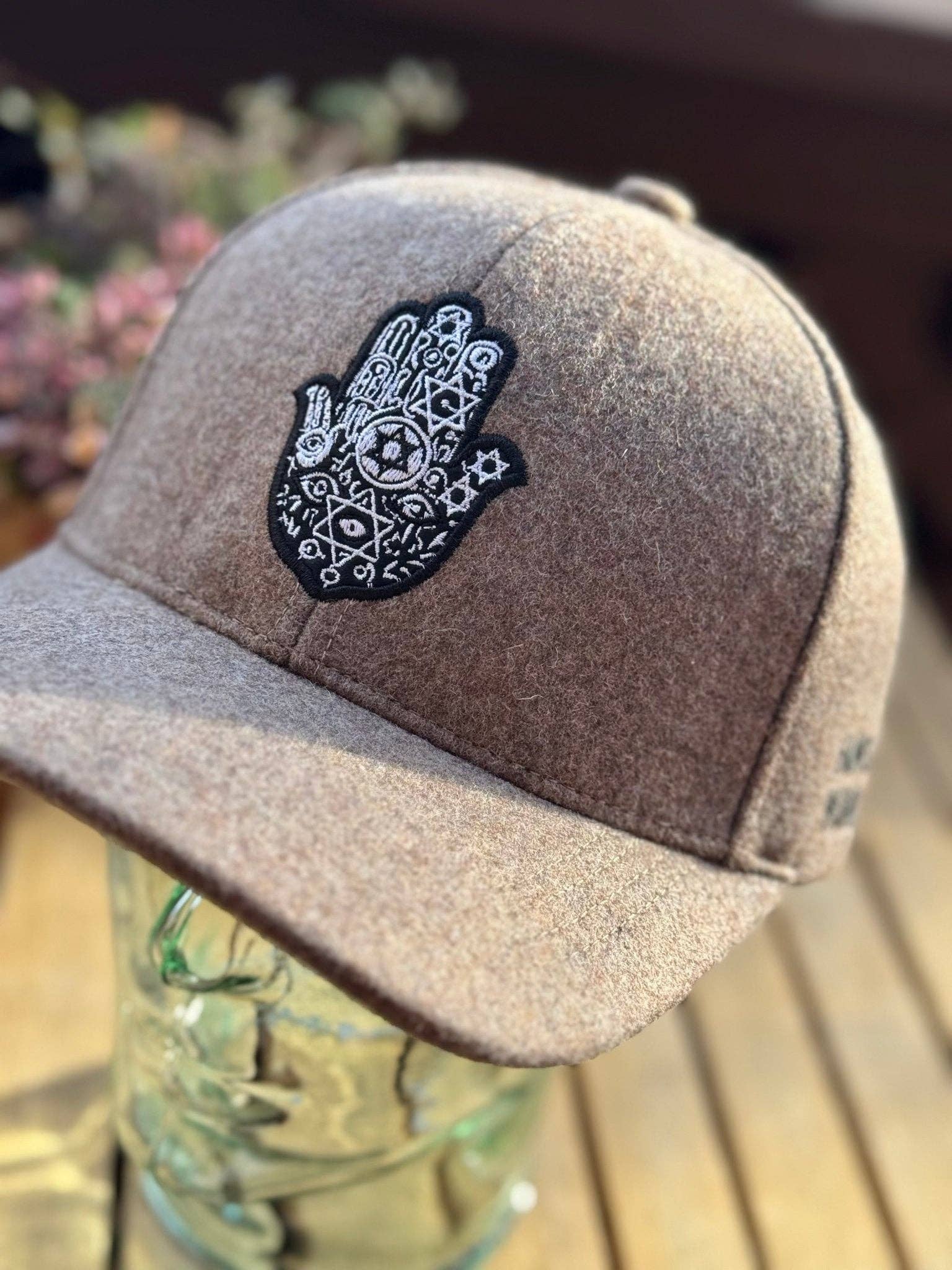 JEWISHJOY.co - Wholesale Flat Brim Cap - Unisex - Brown Cashmere Hamsa Hat - Jewish Gift5