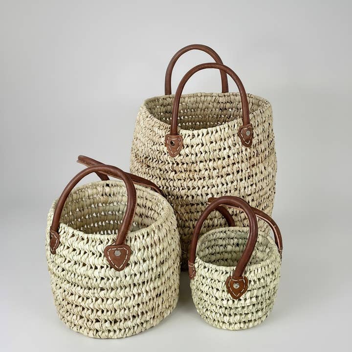 Cesta de Mercado de Palma Tejida Natural con Asas de Cuero Almacenamiento para venta al por mayor de Melecraft