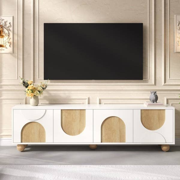 HOMYCASA DESIGN INC - Wholesale Console Table - Farmhouse TV Stand with Cable Holes for TVs up to 75', Cream Style Media Console with Rebound Device, Elegant Entertainment Center with 5 Solid Wood Legs for Living Room, Bedroom, White, 69.6'W16