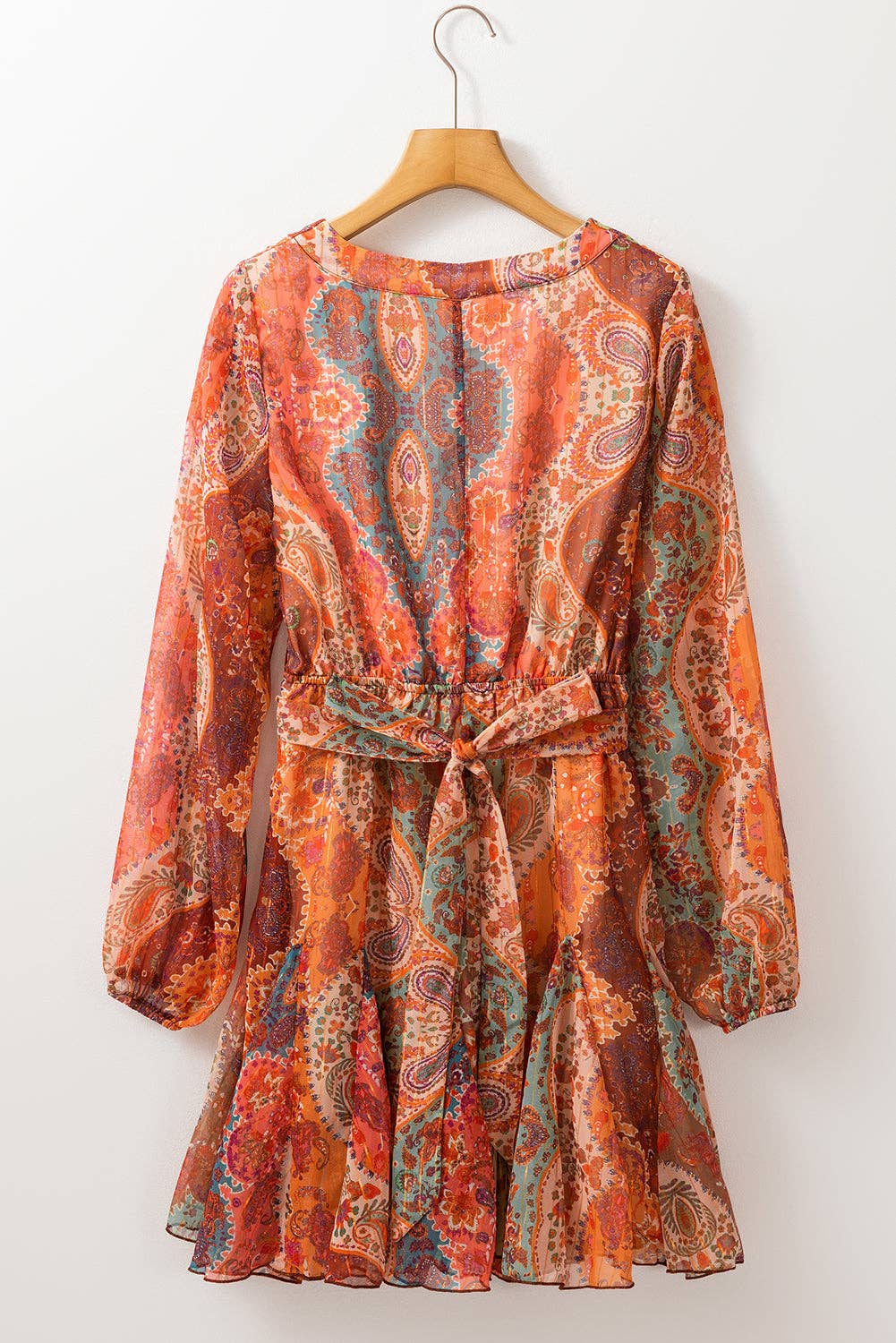 Orange Boho Paisley Print Long Sleeve Pleated Belted Mini Dress for wholesale on Faire7
