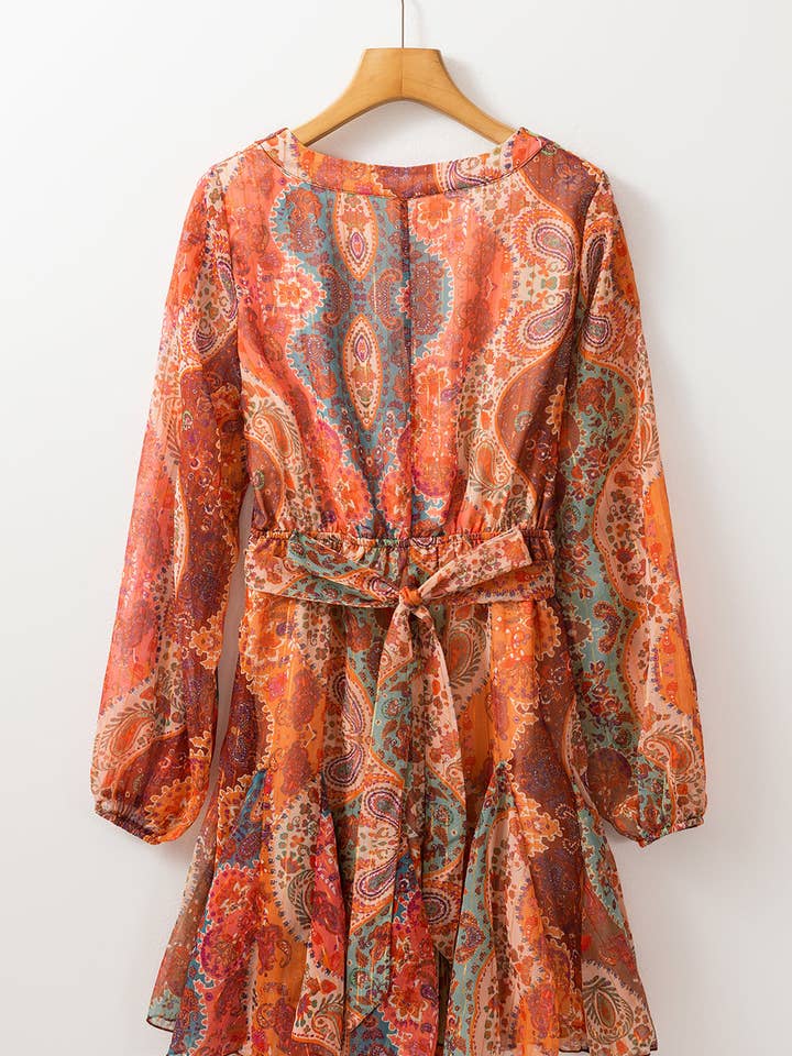Orange Boho Paisley Print Long Sleeve Pleated Belted Mini Dress for wholesale on Faire7
