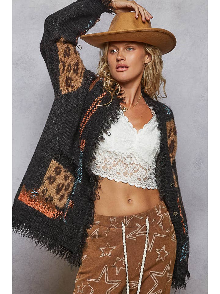 Pol Clothing - Wholesale Cardigan - Women's - Long sleeve contrast leopard pattern sweater cardigan top8