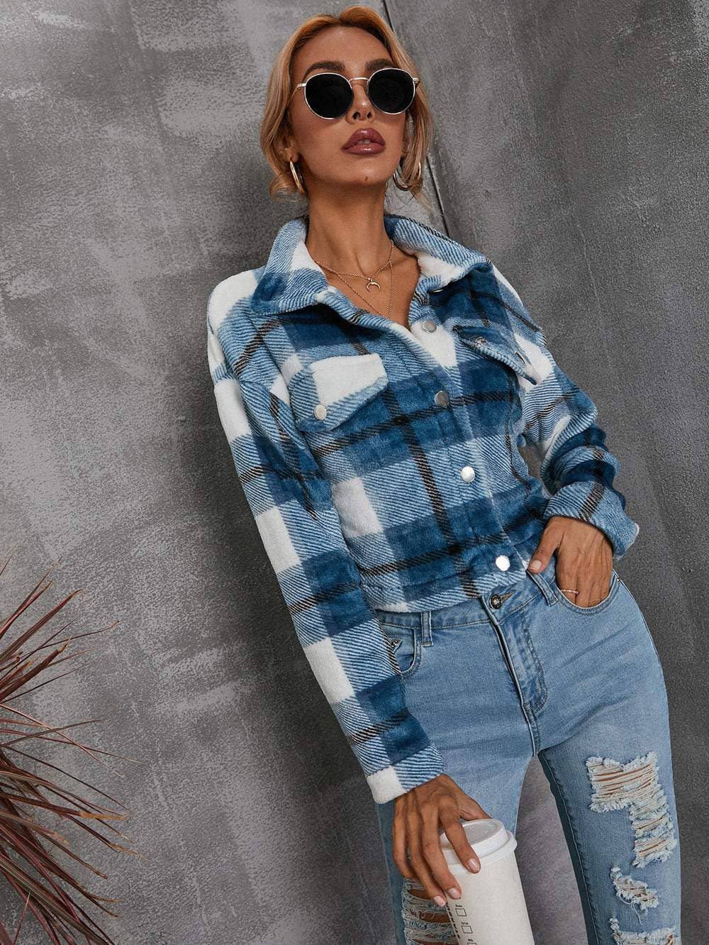 Queen Fashion - Wholesale Jacket - Women's - flap detail drop shoulder buffalo plaid jacket2