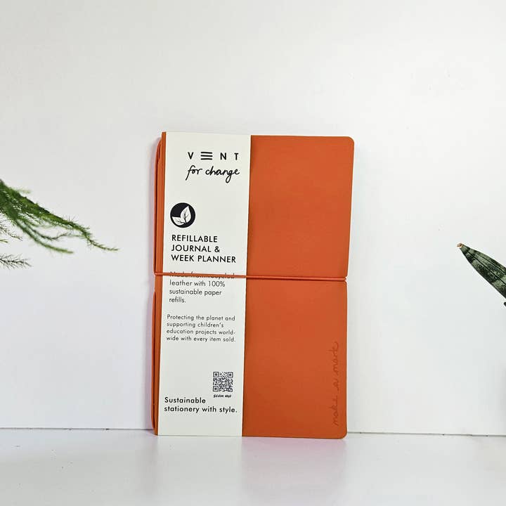 Weekly Planner/Journal Recycled Leather Refillable - Orange for wholesale by VENT for Change USA