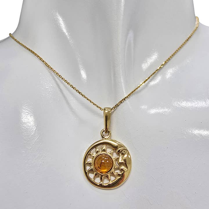 Amberman - Wholesale Individual Charm/Pendant - Cognac Amber Gold Plated Silver Sun/Moon Pendant2