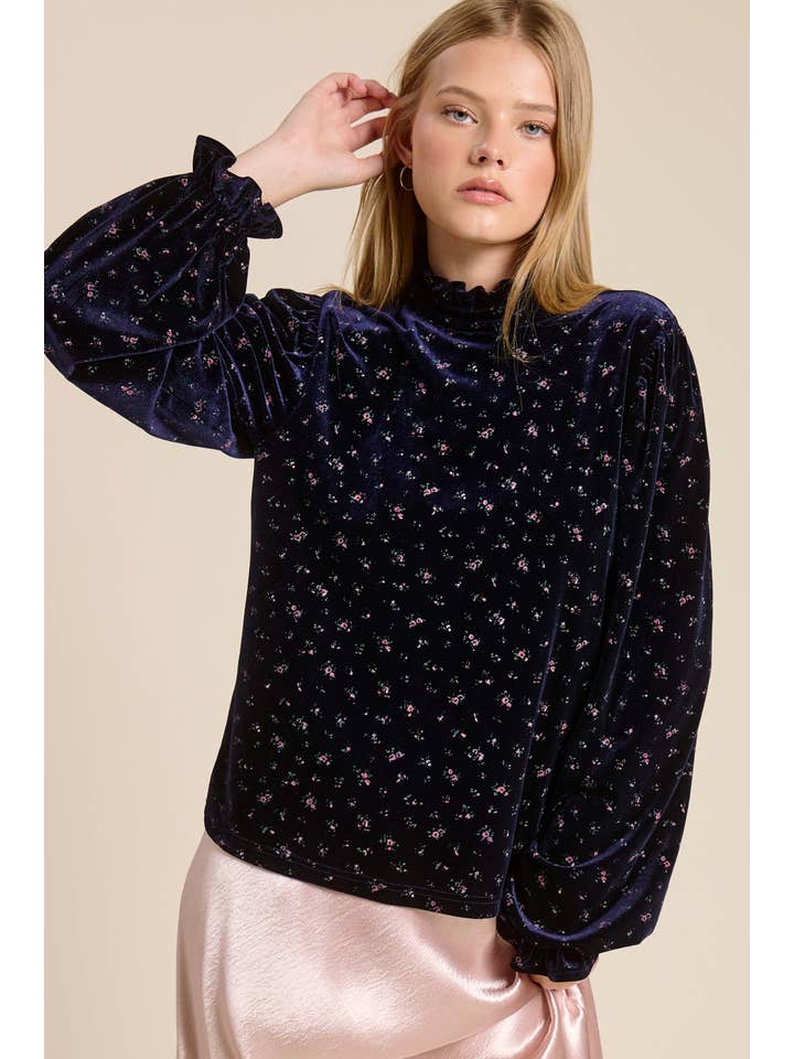 La Miel - Wholesale Blouse - Women's - HDT7718-Velvet Floral Ruffled Mock Neck Long Sleeve Top16