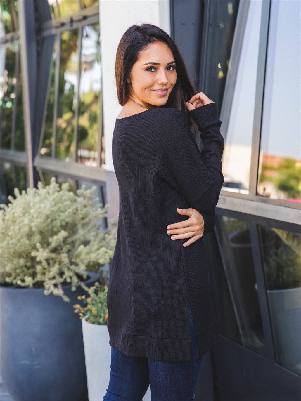 Tickled Teal - Vendita all'ingrosso Tunica - Donna - Tunica Rory con orlo diviso in maglia waffle3