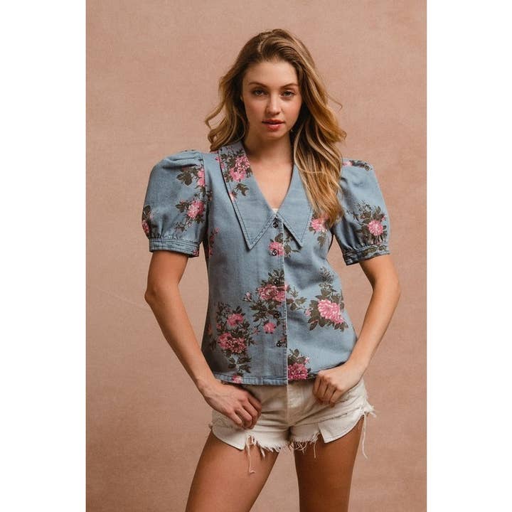 FLORAL PRINT PUFF SLEEVES WASHED DENIM TOP for wholesale by IVE