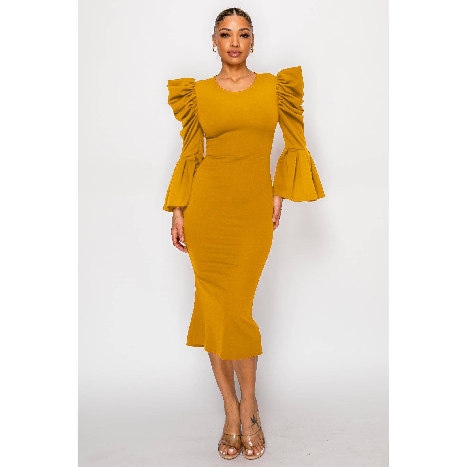 DORCAS - Vendita all'ingrosso Vestito - Donna - ABITO MIDI A SIRENA CON MANICHE A SBUFFO FUMÉ4