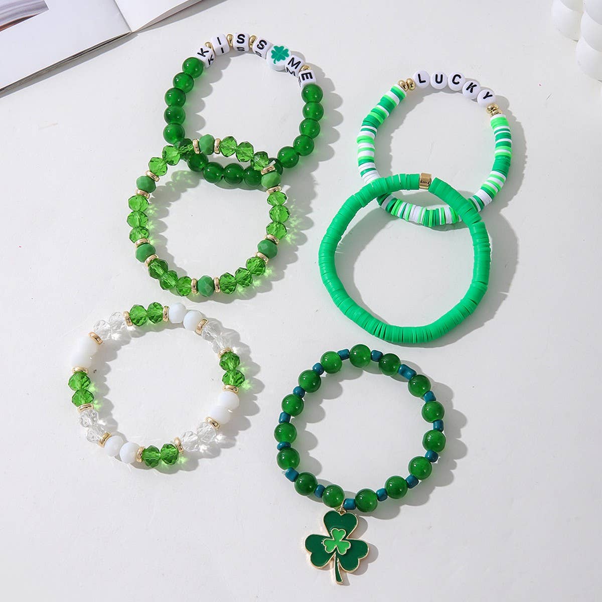 Green ST. PATRICK'S DAY BRACELET SET SHAMROCK PENDANT_CWMM3497 for wholesale on Faire2