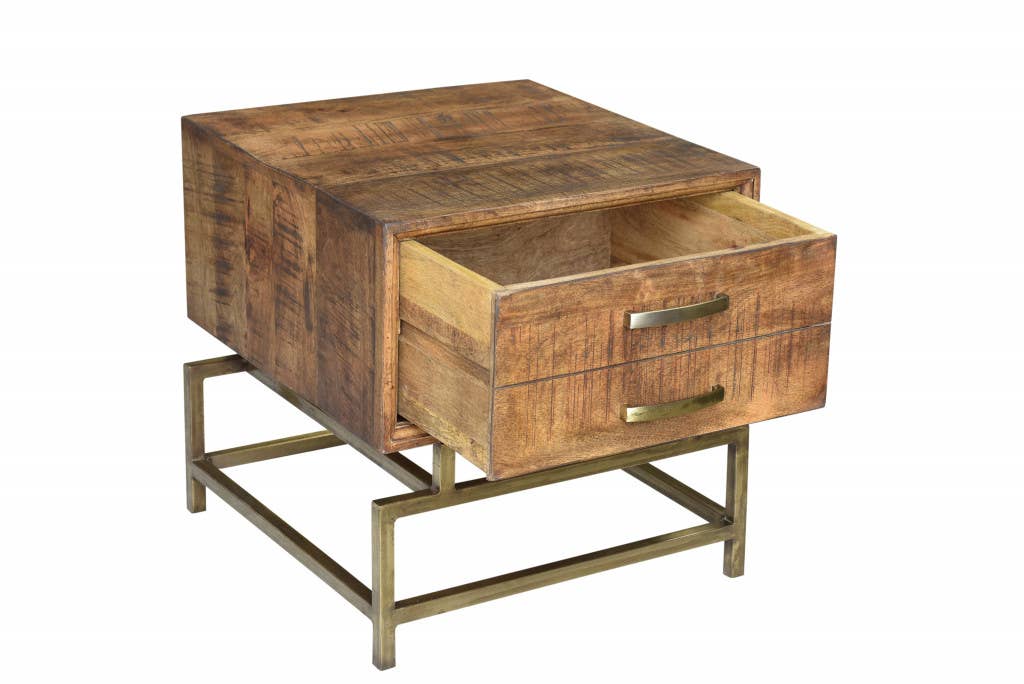 HomeRoots - Wholesale Side Table - 21" Brass And Brown Solid Wood And Iron Square End Table5