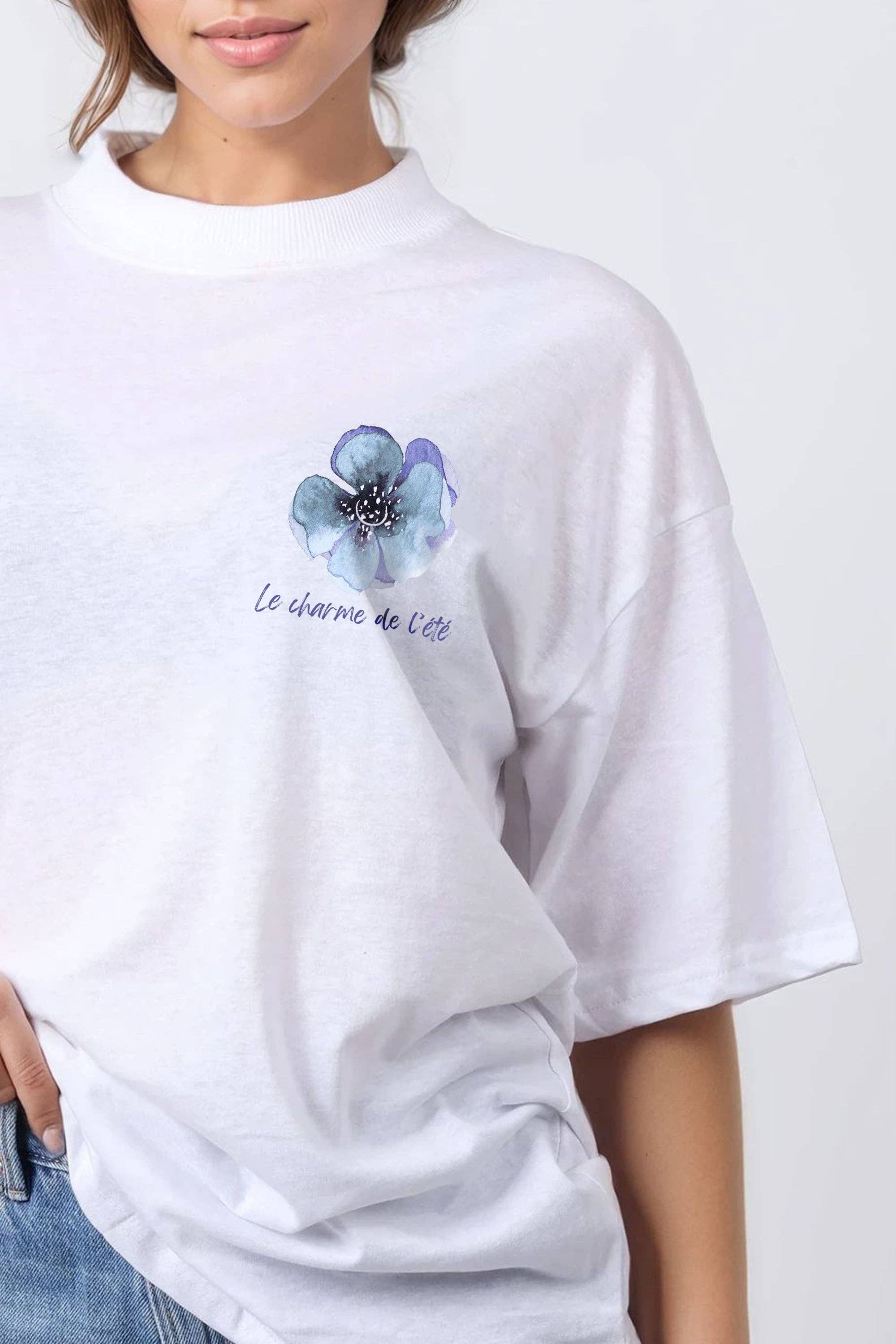White Women 150GSM Oversized T-Shirt in Le Charm De Floral Print for wholesale on Faire1