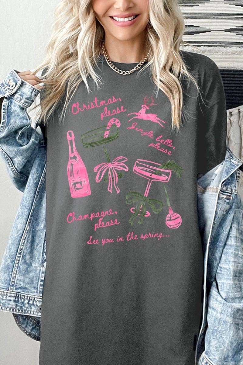 COLORBEAR – T-shirt gráfica - Mulher por atacado – T-shirt de Algodão Pesado com Gráfico de Champanhe de Natal11