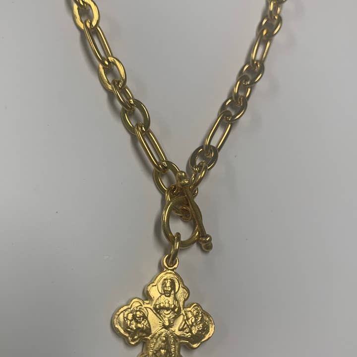 N303T  18" TOGGLE NECKLACE WITH MEDIUM 4 WAY CROSS MEDAL for wholesale by Weisinger Designs