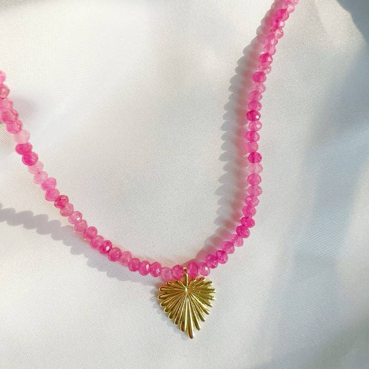 Esme Heart Pink Jade Beaded Necklace Gold Filled for wholesale by True by Kristy Jewelry