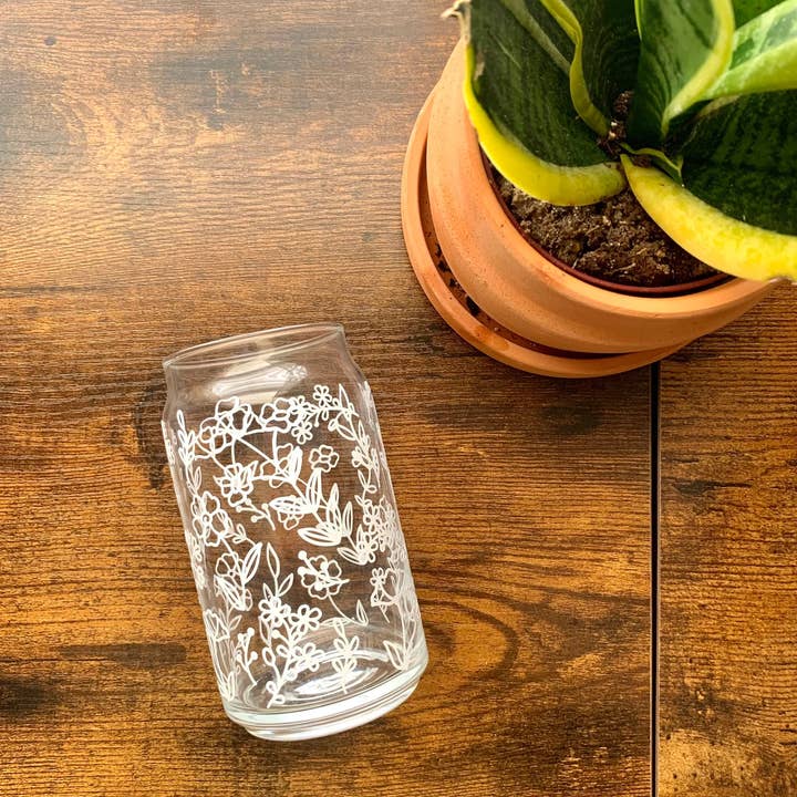 MarieDesignCo - Wholesale Drinking Glass/Cup - Floral coffee cup, 16 oz pint, glass can coffee cup1