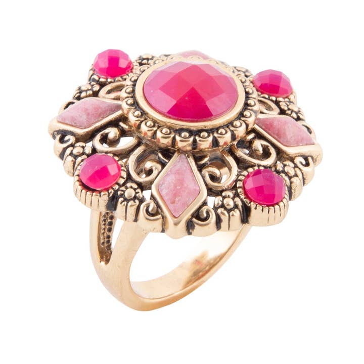 Embellished Pink Quartz Golden Statement Ring for wholesale by Barse Jewelry
