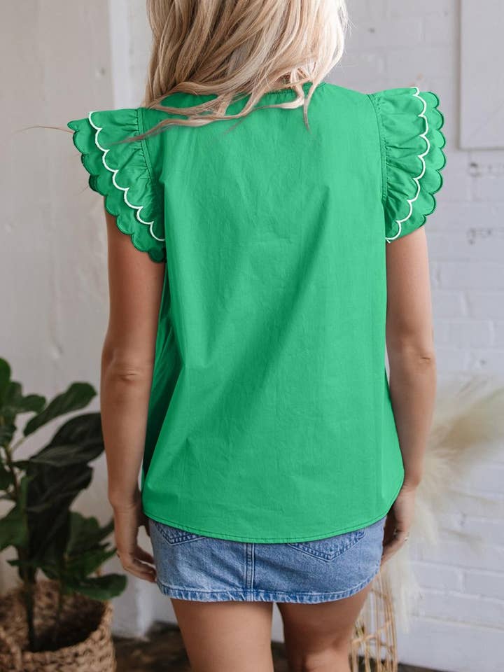 FULL TIME PURCHASE - Wholesale Blouse - Women's - Contrast Scallop Trim Layered Short Sleeve V Neck Blouse