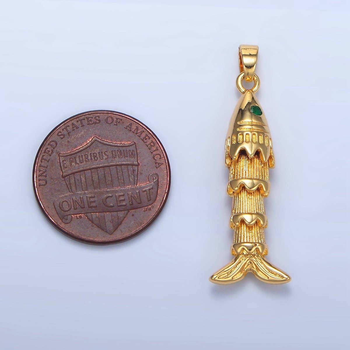 Aim Eternal - Wholesale Individual Charm/Pendant - 24K Gold Filled 35mm Green CZ Multidimensional Artisan Fish Charm | AA9672