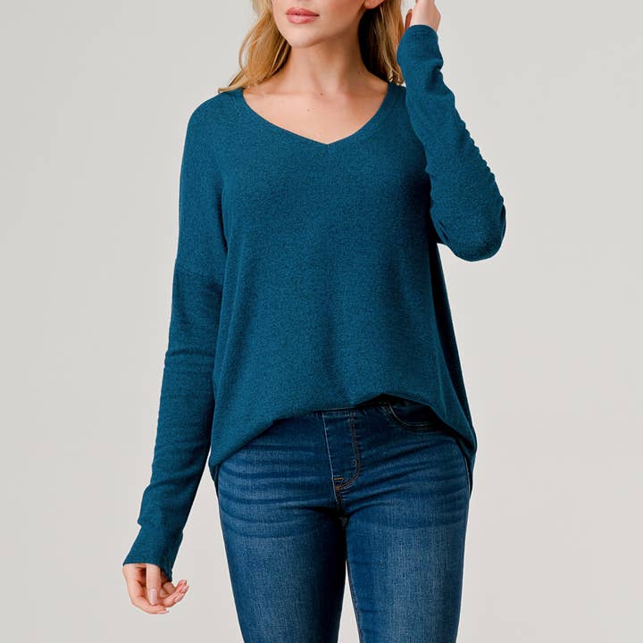 Heimious – Engroshandel Strikket top - Dame – Langærmet V-hals børstet strik top, 273812