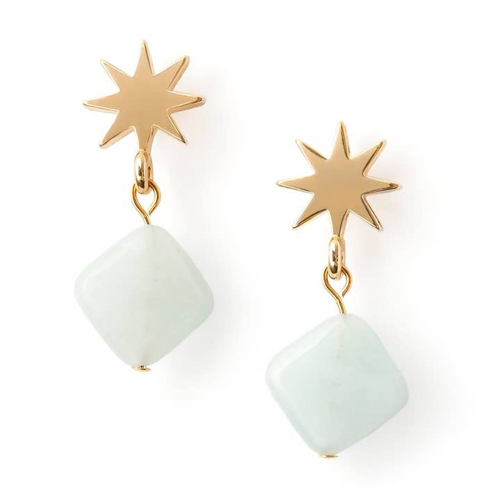14K Gold Star Drop Earrings with Mini Aquamarine Crystals for wholesale by VUE by SEK