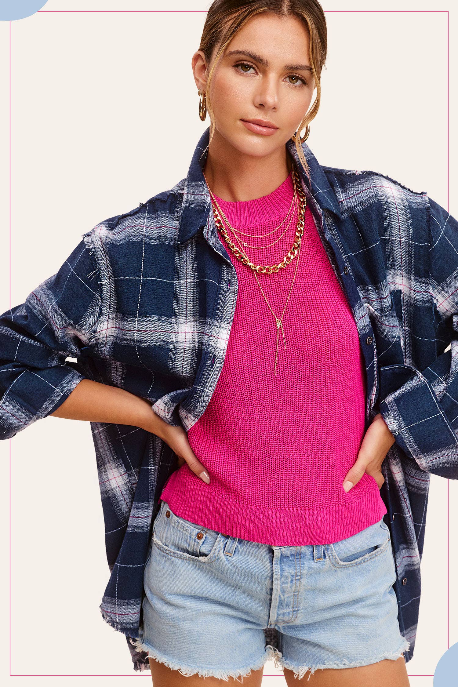 La Miel - Wholesale Button Down Shirt - Women's - SRT1372-Loose Fit Button Down Cut Edge Detailed Plaid Shirts11