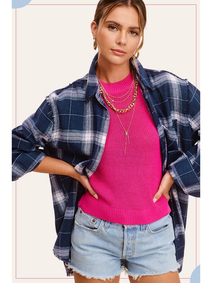La Miel - Wholesale Button Down Shirt - Women's - SRT1372-Loose Fit Button Down Cut Edge Detailed Plaid Shirts11