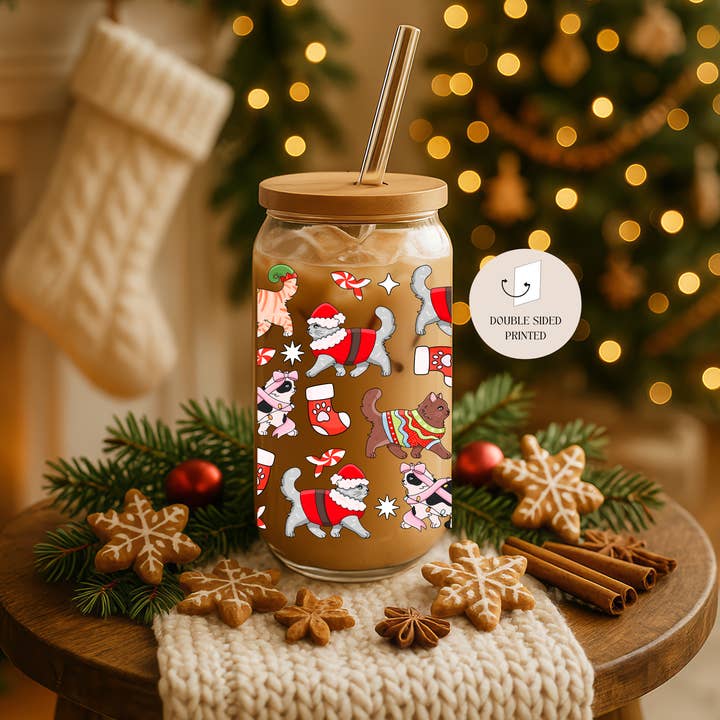 the cute cloud - Wholesale Drinking Glass/Cup - Cat Christmas Double Sided Glass Tumbler with Lid & Straw