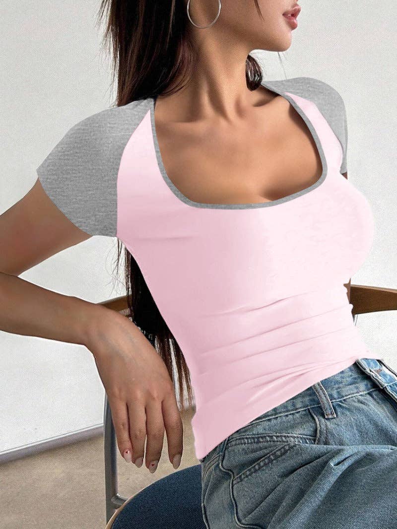 Lovesoft - Wholesale T-Shirt - Women's - 2026 Slim Fit Colorblock U Neck Short Sleeve T Shirt10