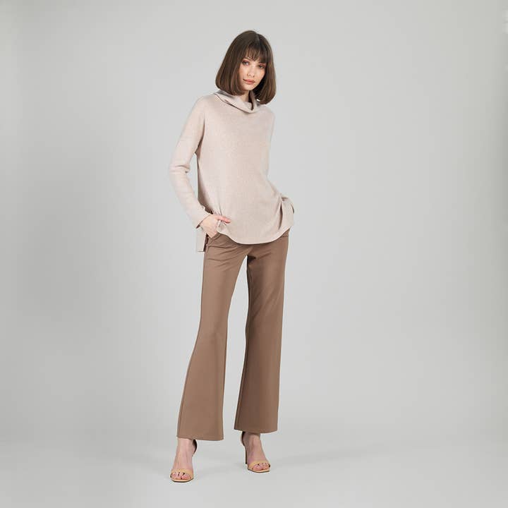 T406W - Cowl Turtleneck Side Vent Sweater Tunic - Natural for wholesale by Clara Sunwoo