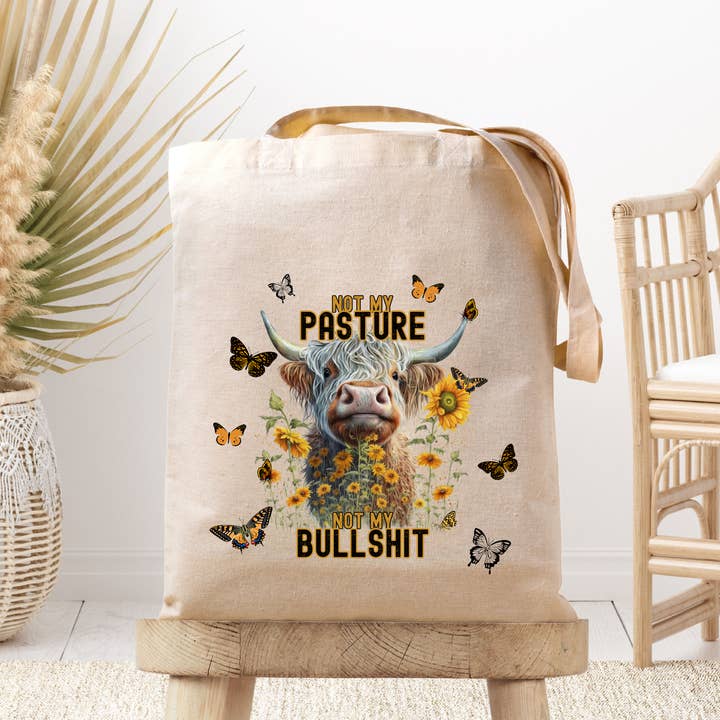 Not My Pasture Not My Bull Cow Canvas Tote Bag for wholesale by Dark Horse Dream Designs LLC