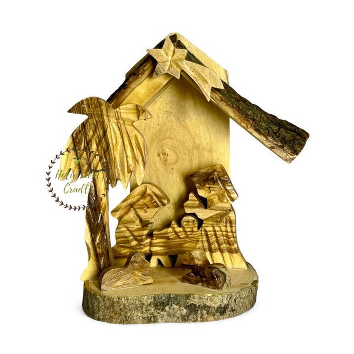 Arbre de Noël en bois d'olivier, scène de la Nativité pour la vente par Holy Land Cradle