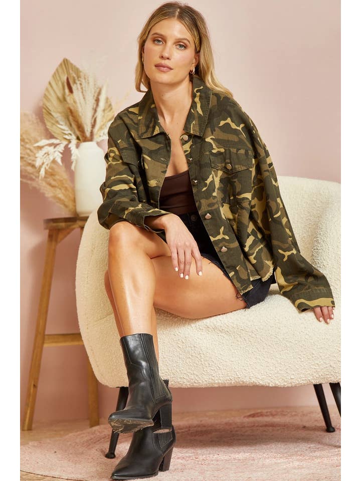 Camo Drop Shoulder Jacket 19846-C for wholesale on Faire