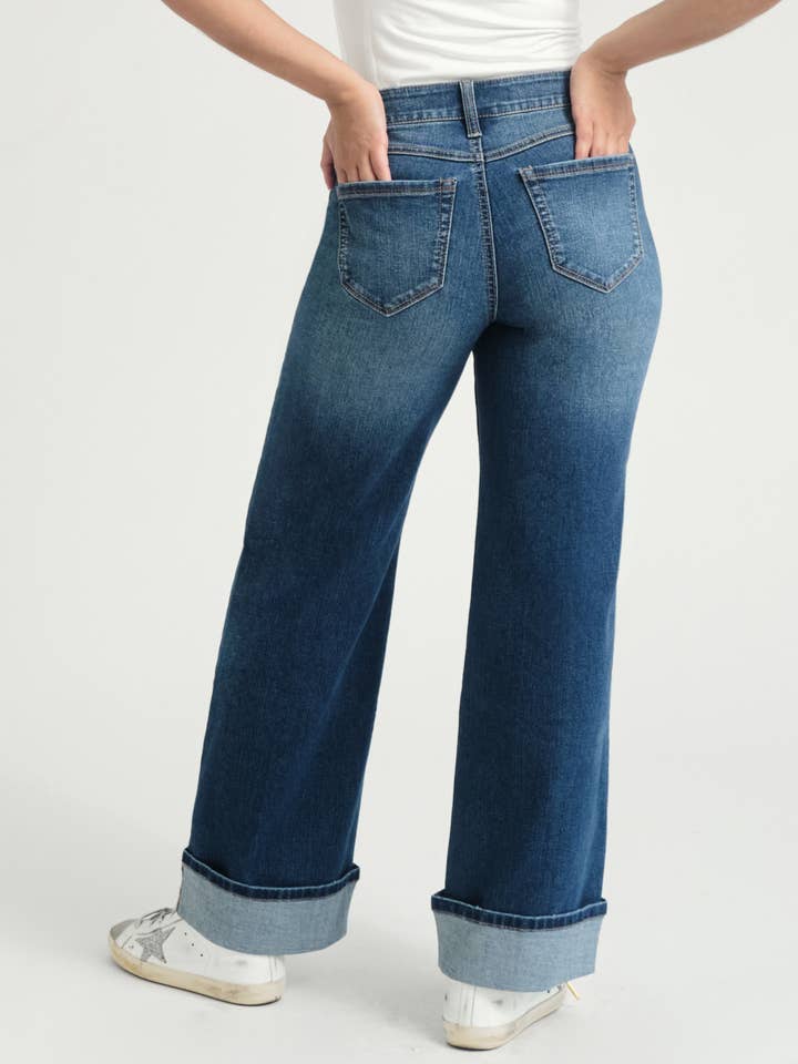 1822 Denim - Wholesale Jeans - Women's - Petite 29” Slim Wide Leg Jean w/ Cuff Hem in Pacific