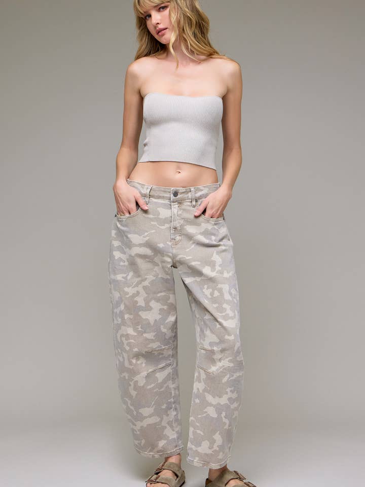 Tan Camo Cropped Barrel Jean for wholesale by Hidden Jeans