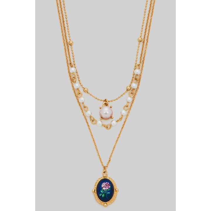 COLAR DE TRÊS CAMADAS COM PÉROLAS E RETRATO FLORAL por atacado de Girly