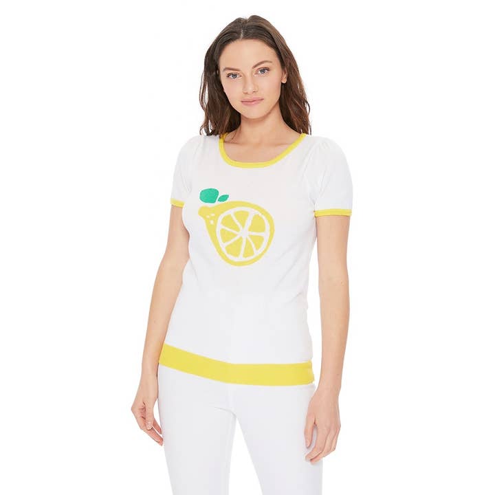 JAUNE T-shirt à col rond à manches courtes et imprimé citron MK32001 en vente sur Faire1