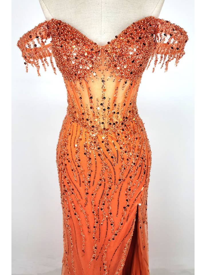 Chicas - Wholesale Gown - Women's - Off the Shoulder Sequin and Bead Long Dress C33121