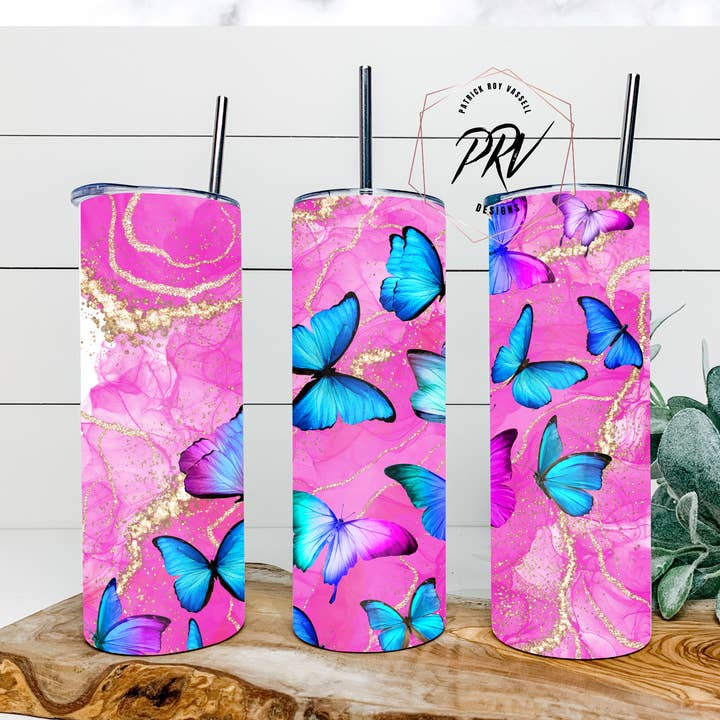 Blue watercolor butterfly tumbler for wholesale by PRV_DESIGNS