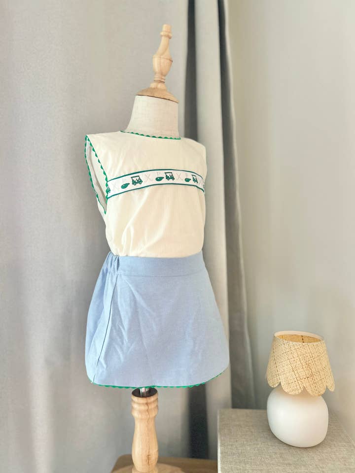Golf Ribbon Yellow Mini Stripe Top & Blue Oxford Fabric Shortie Skort for wholesale by The Seaside Proper Children’s Company