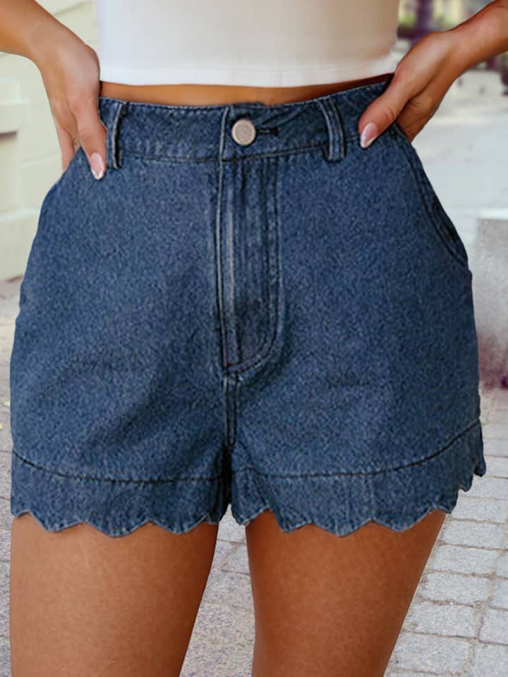 1 the Woman - Wholesale Jeans - Women's - Scalloped Hemline Light Wash High Waist Denim Shorts