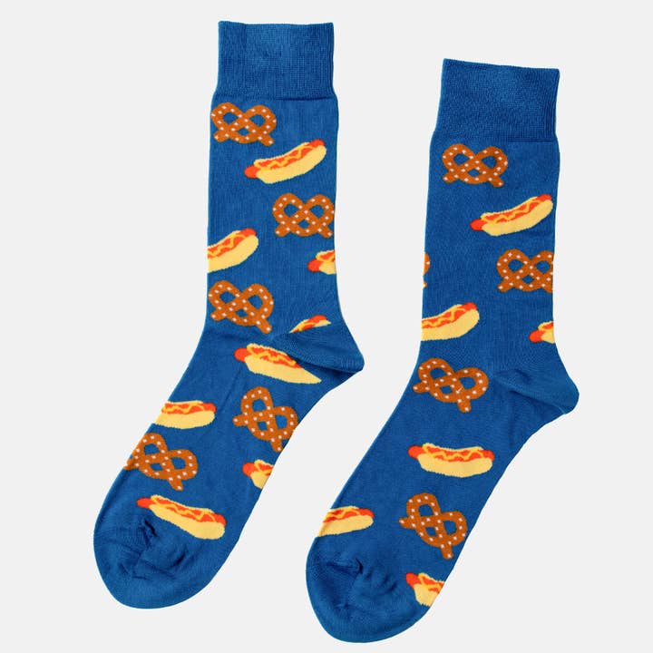 Hot Dog & Pretzel - Large Crew Socks - Sporty Snack Gift for wholesale by Yellow Owl Workshop
