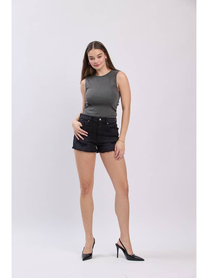 ZEPHYR SVART LULU SUPERHÖG MIDJA AVKLIPPTA SHORTS - ZEPHYR SVART för wholesale på Faire