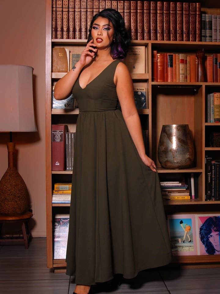 Tara Deep V-Neck 70s Maxi Dress in Solid Olive Stretch Crepe | Laura Byrnes for wholesale by Pinup Couture