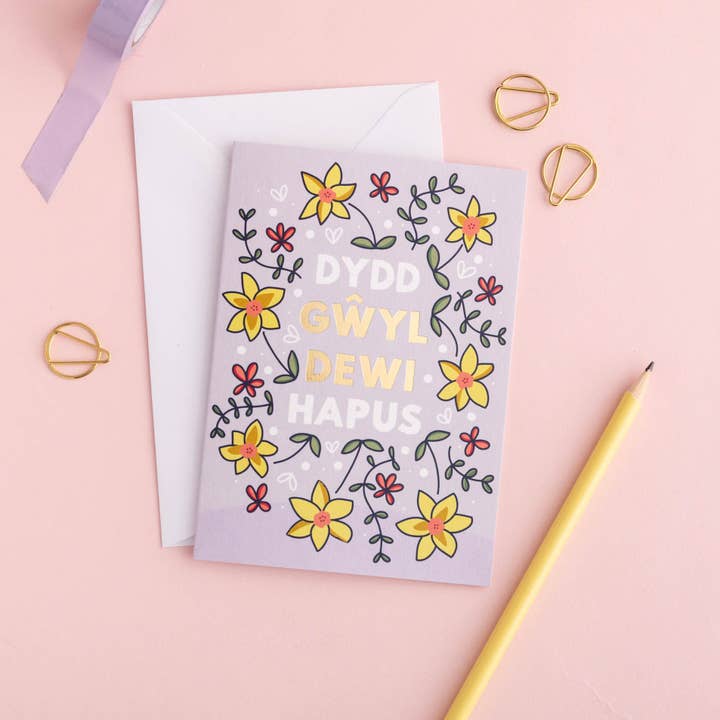 Welsh St David's day card 'Dydd Gŵyl Dewi hapus' flower for wholesale by Draenog