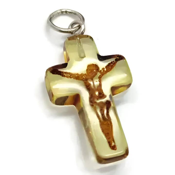Cognac Amber Carved Cameo Cross / Crucifix Pendant for wholesale by Amberman